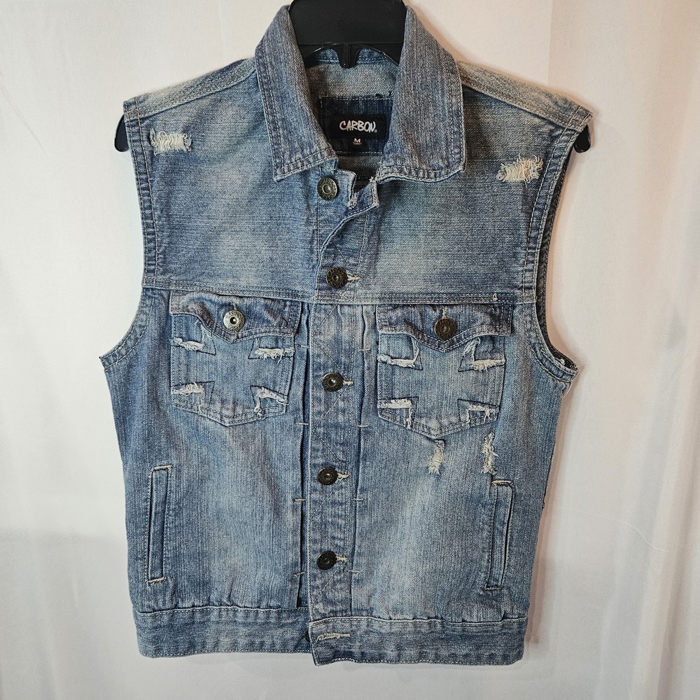 Carbon Blue Jean Vest Womens DISTRESSED Denim Grunge Punk Biker Trucker Sz M